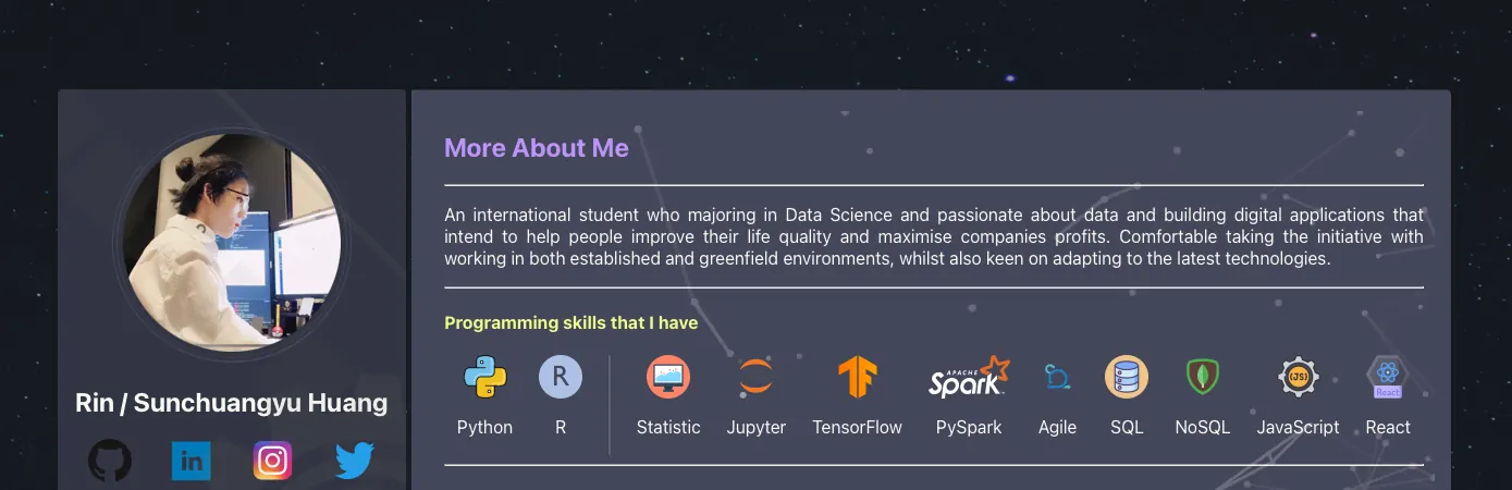 v1 profile page from the README: a dark starry background, a left card with a round photo, the name Rin / Sunchuangyu Huang and social icons, and a right panel titled More About Me with a row of skill icons.