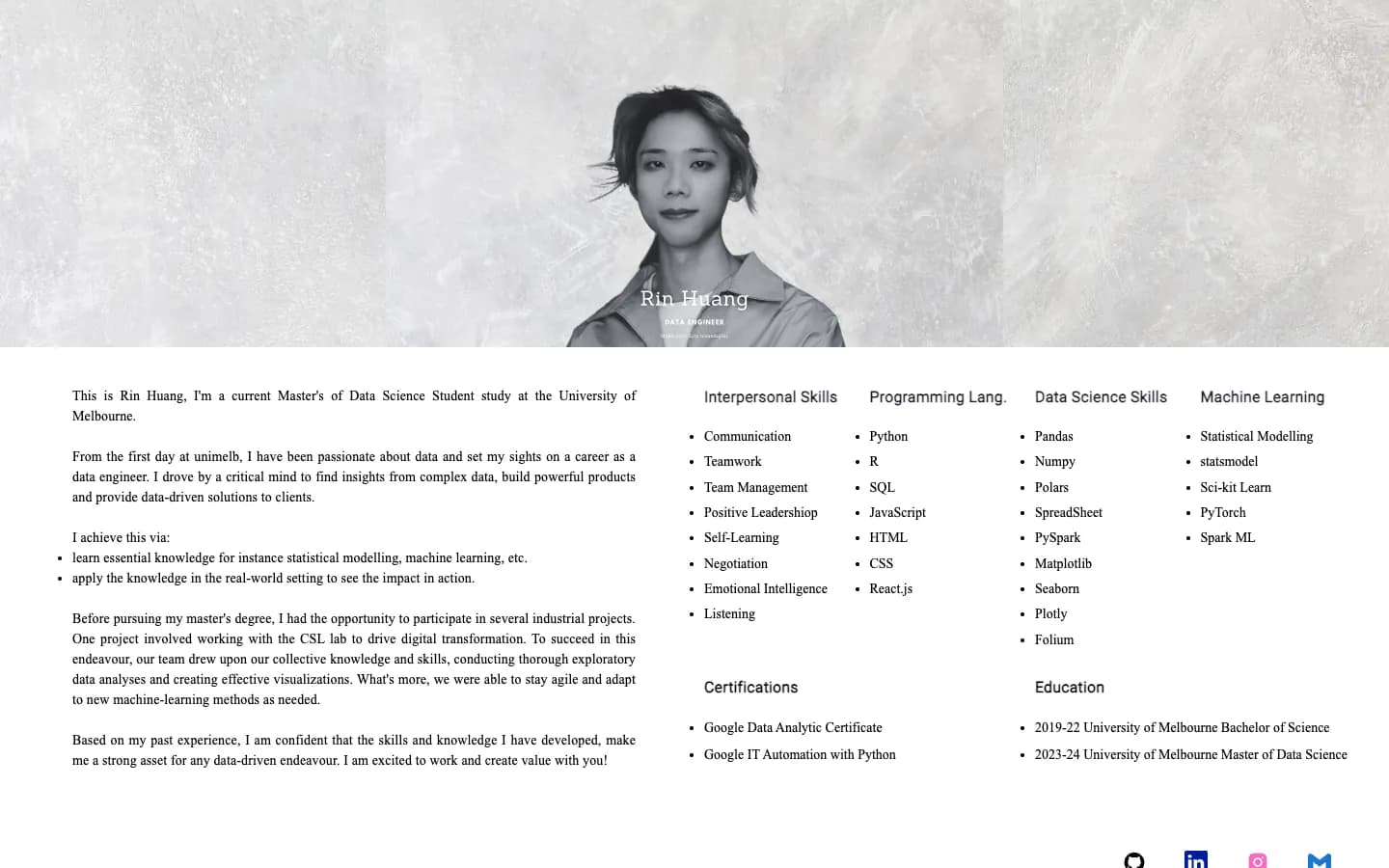 v3 single page: a grey textured banner with a black-and-white portrait and the name Rin Huang, then an introduction on the left and lists of skills on the right.
